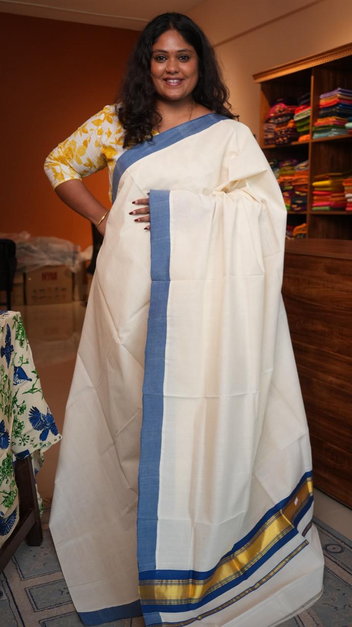Handwoven Balaramapuram Kasavu Sarees - 01-07-07-03 (DENIM BORDERED KASAVU)