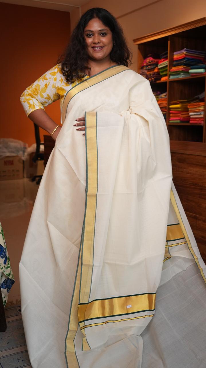 Handwoven Balaramapuram Kasavu Sarees - 01-07-03-01 (MOSS GOLD KASAVU)