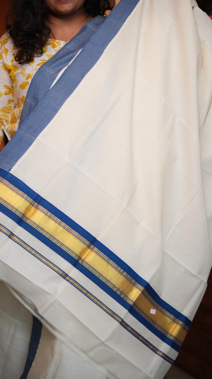 Handwoven Balaramapuram Kasavu Sarees - 01-07-07-03 (DENIM BORDERED KASAVU)