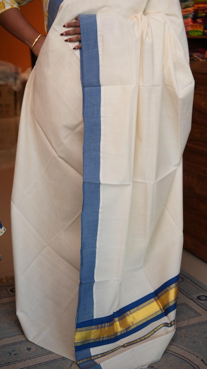 Handwoven Balaramapuram Kasavu Sarees - 01-07-07-03 (DENIM BORDERED KASAVU)