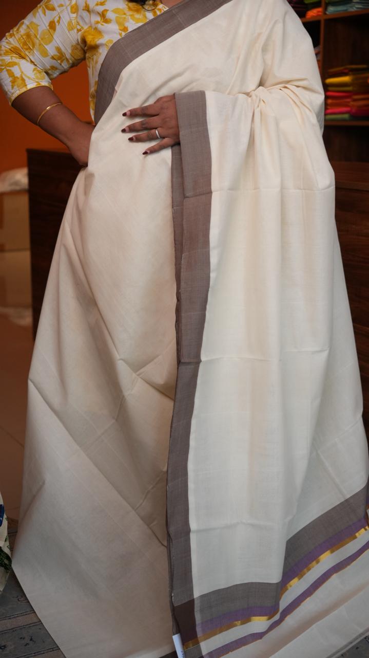 Handwoven Balaramapuram Kasavu Sarees - 01-07-06-01 (STONE BORDERED KASAVU)