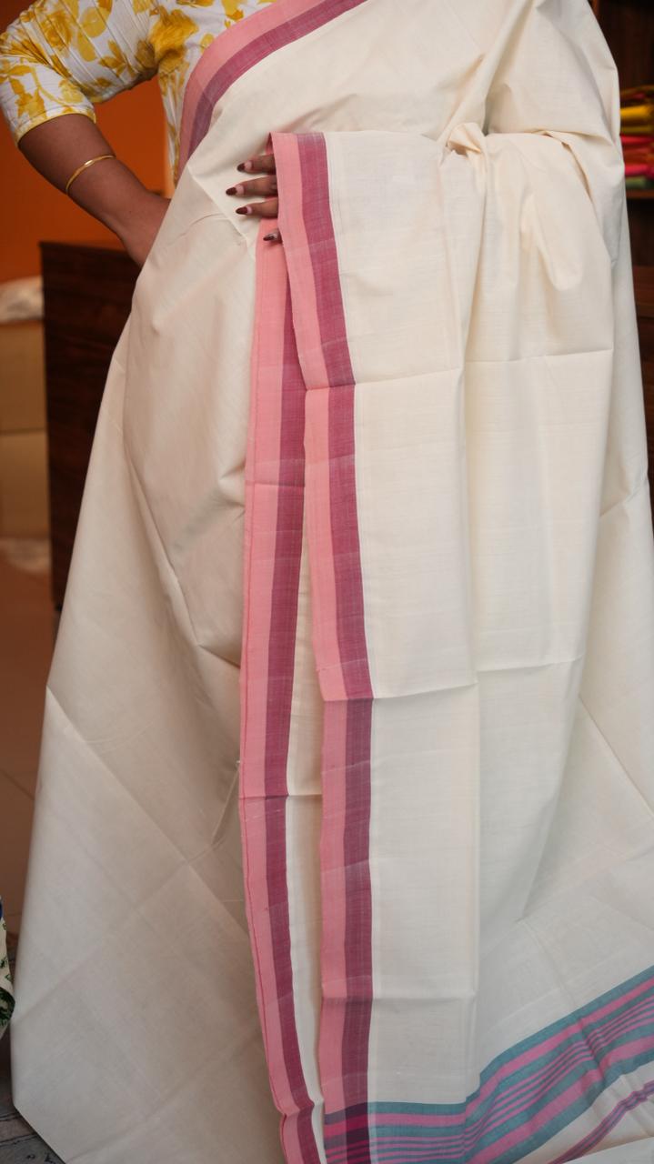 Handwoven Balaramapuram Kasavu Sarees - 01-07-05-01 (ROSE BORDERED KASAVU)