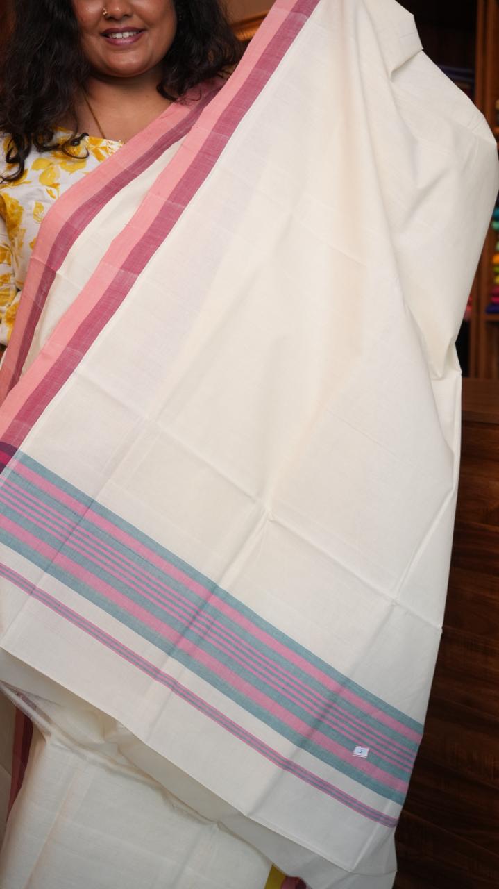 Handwoven Balaramapuram Kasavu Sarees - 01-07-05-01 (ROSE BORDERED KASAVU)