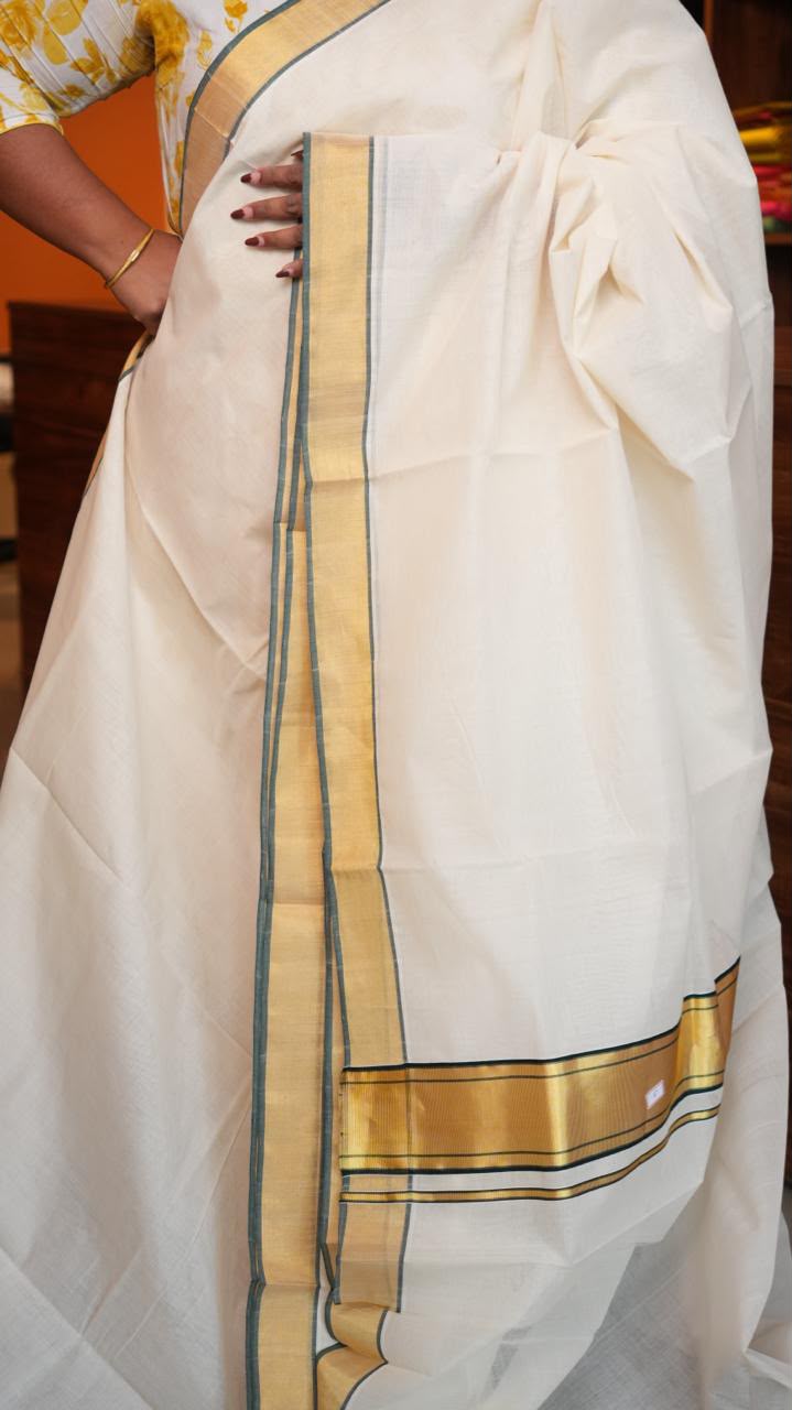 Handwoven Balaramapuram Kasavu Sarees - 01-07-03-02 (EMERALD GOLD KASAVU)