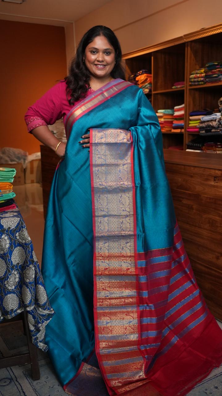 Mangalagiri Silk Cotton Kanchi Border Saree - 15-10B-02-07 (PEACOCK VEIL)