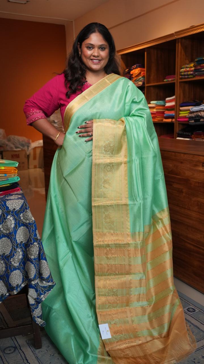 RAAZ - Mangalagiri Silk Cotton Kanchi Border Saree -15-02-03-04 (SEAFOAM GREEN VEIL)