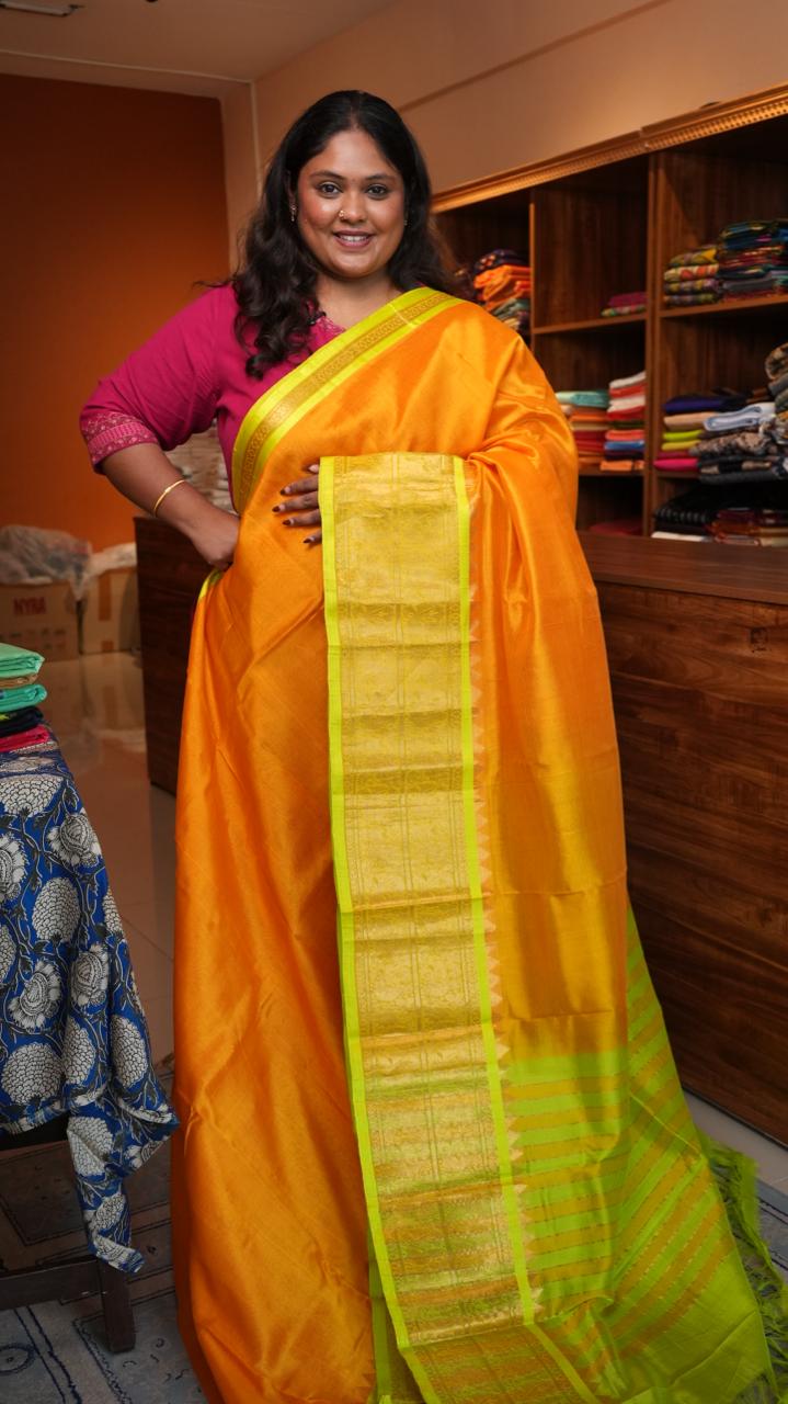 RAAZ - Mangalagiri Silk Cotton Kanchi Border Saree -15-10B-02-04 (SAFFRON FLAME)