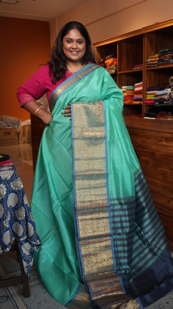 RAAZ - Mangalagiri Silk Cotton Kanchi Border Saree -15-11-01-02 (OCEAN WHISPER)