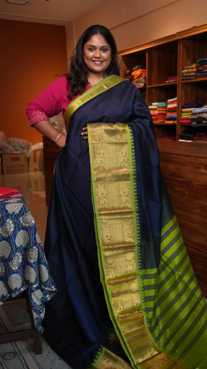 Raaz - Mangalagiri Silk Cotton Kanchi Border Saree - 15-01-05-02 (BLUE ECLIPSE)