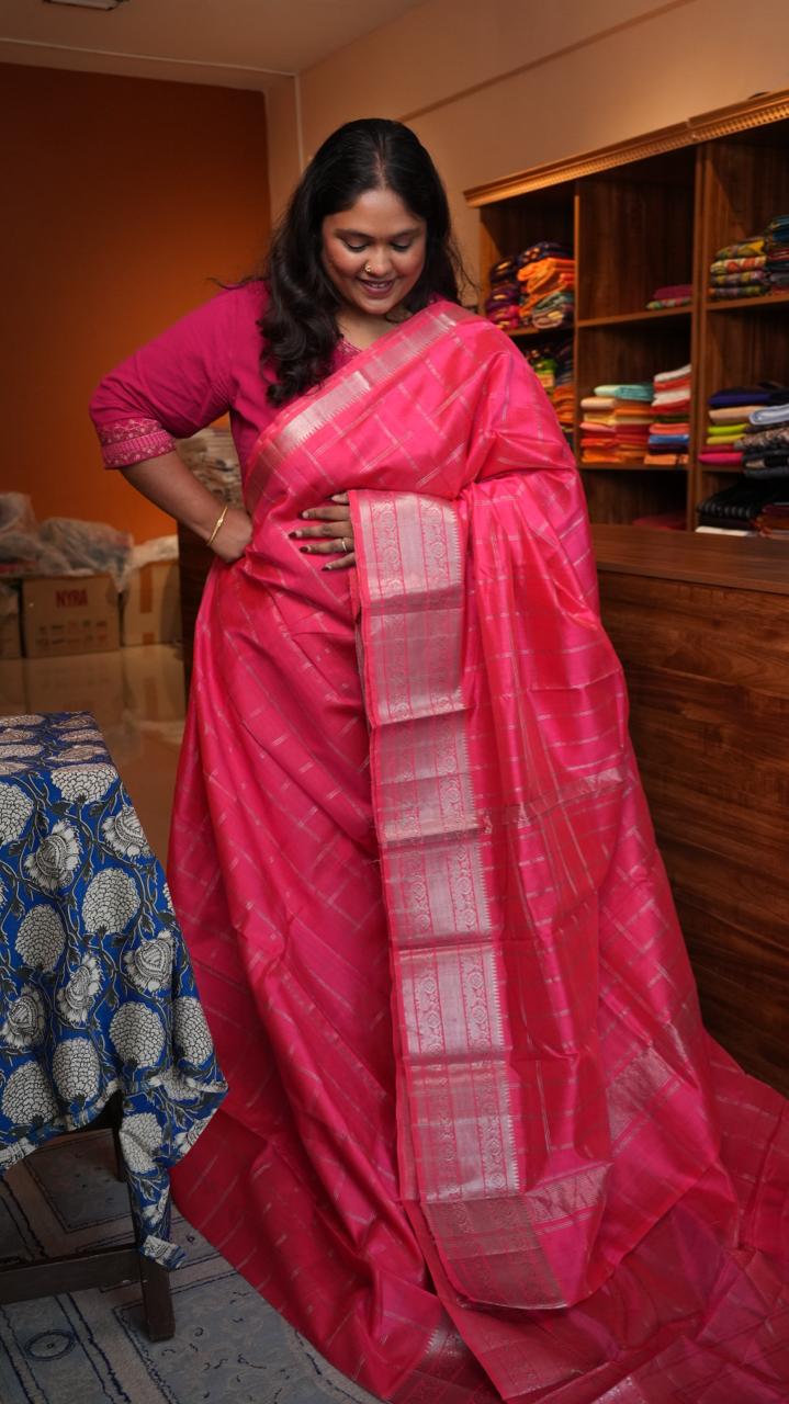 Mangalagiri Zari Kattam Silver Borde - Crimson Silk