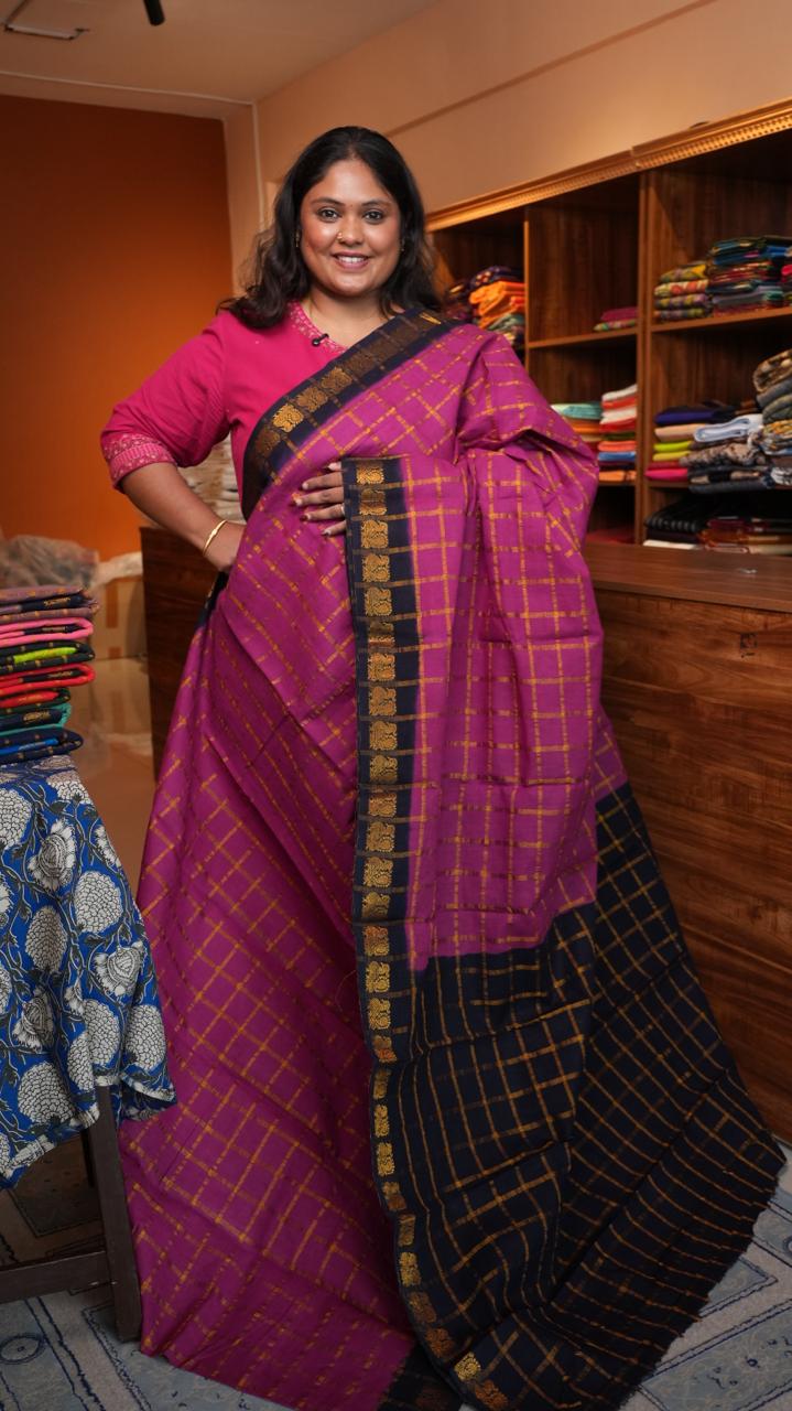 Madurai Cotton Kattam Saree - 11-07B-01-07 (ORCHID NOIR)