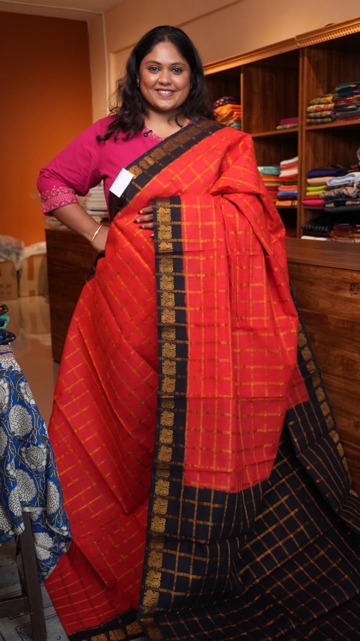 Madurai Cotton Kattam Saree - 11-07B-01-09 (VERMILLION NOIR)