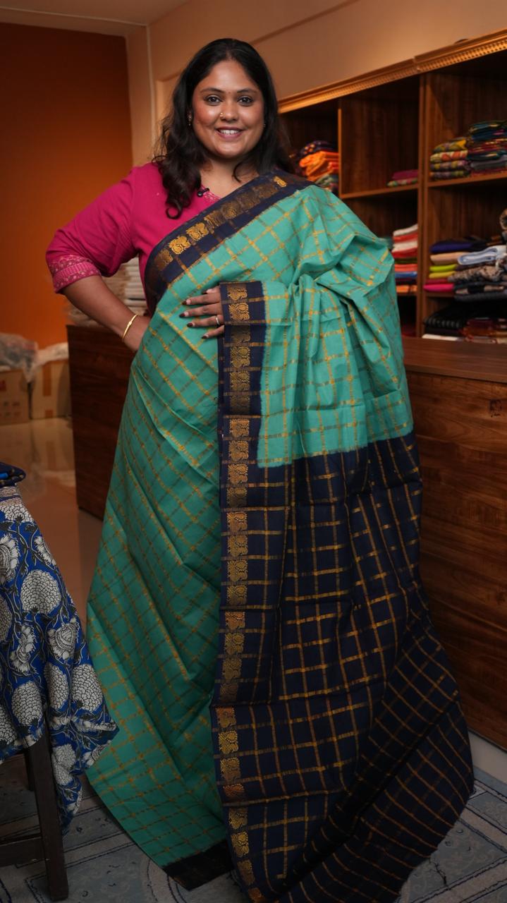 Madurai Cotton Kattam Saree - 11-07B-01-03 (SEAFOAM NOIR)