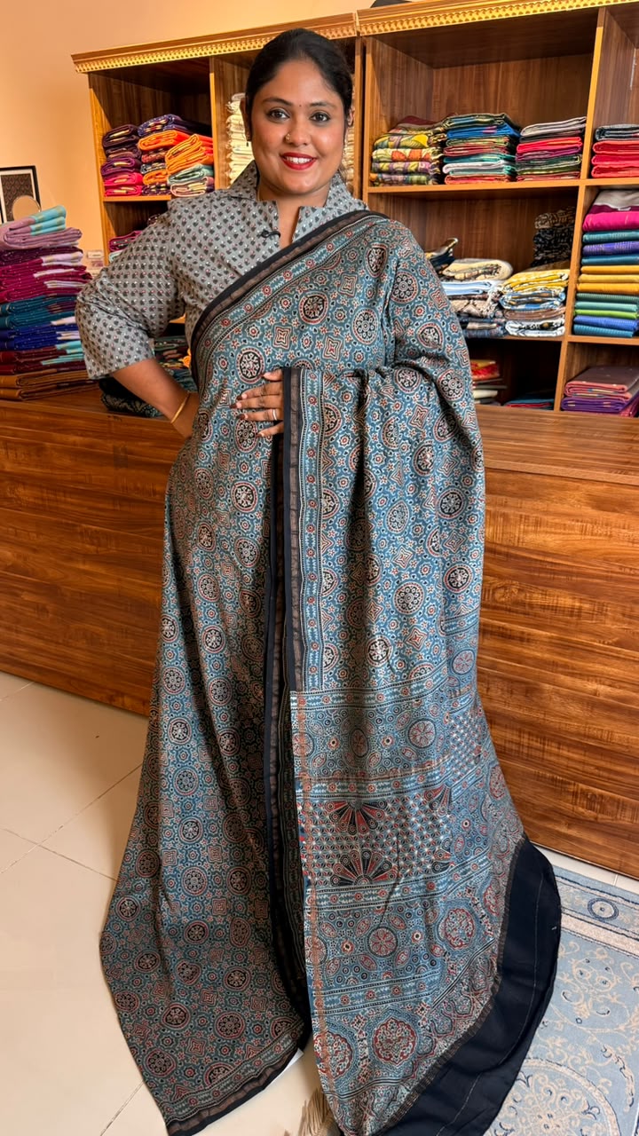 Chanderi with Ajrakh Handblock Print - 51-09-ACS-08 (CHAAND)