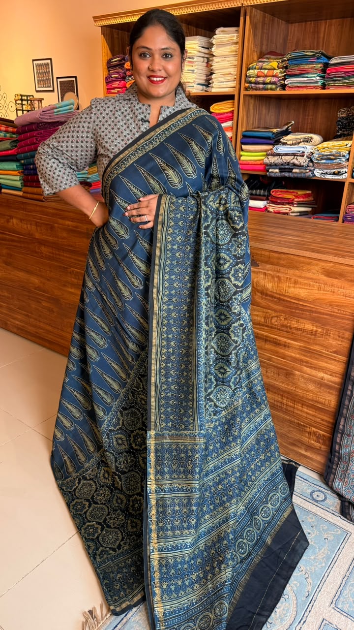 Chanderi with Ajrakh Handblock Print- (BADAM)