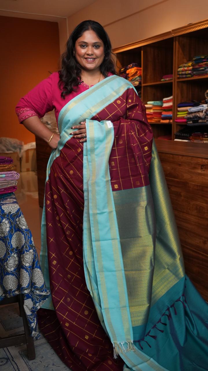 Kanchi Semi Silk Kattam Saree -01-03-15-77 (MADDER INK)