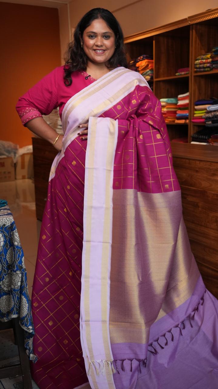 Kanchi Semi Silk Kattam Saree -01-03-15-72 (QUINACRIDONE INK)