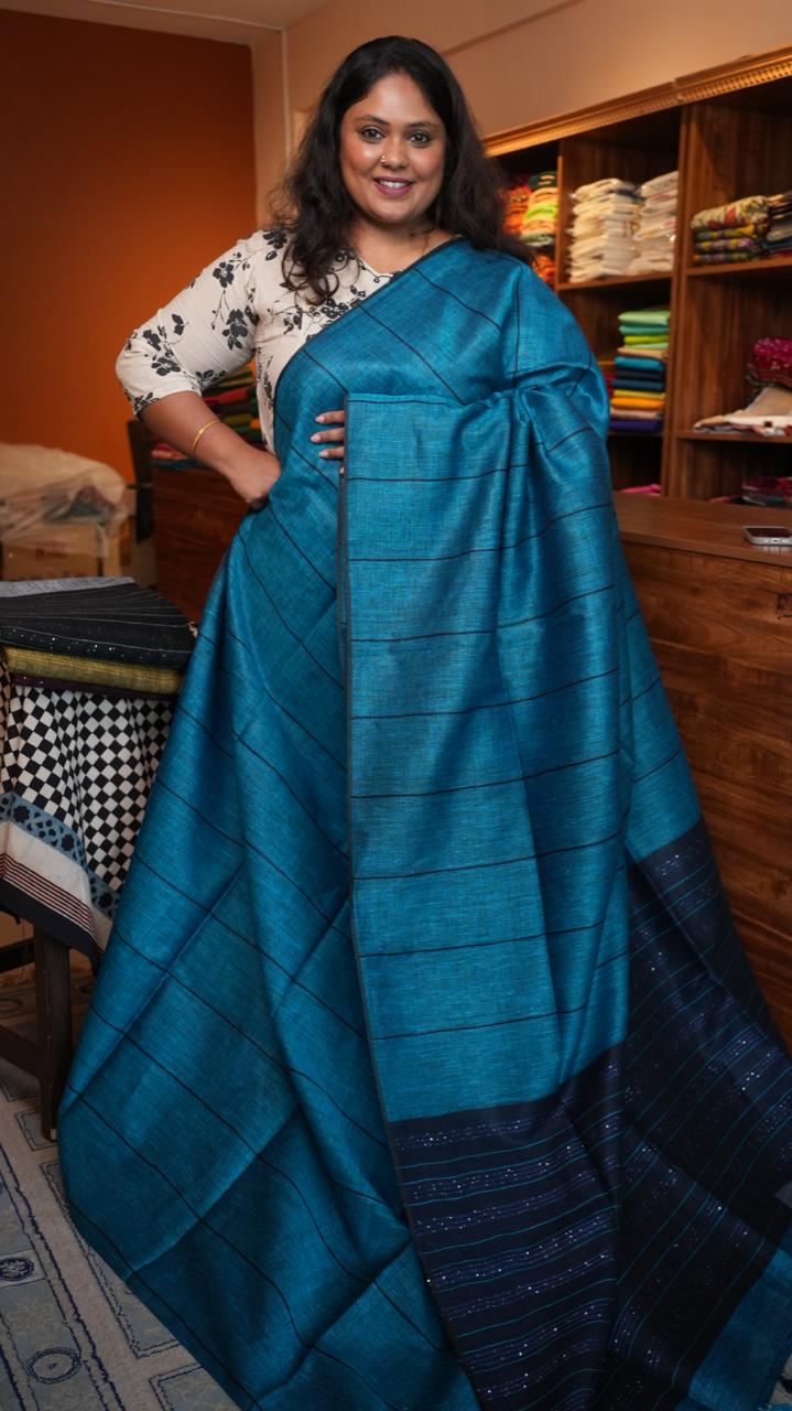 Bhagalpuri Linen with Long stripes Saree -06-07-01-25 (KINGFISHER)