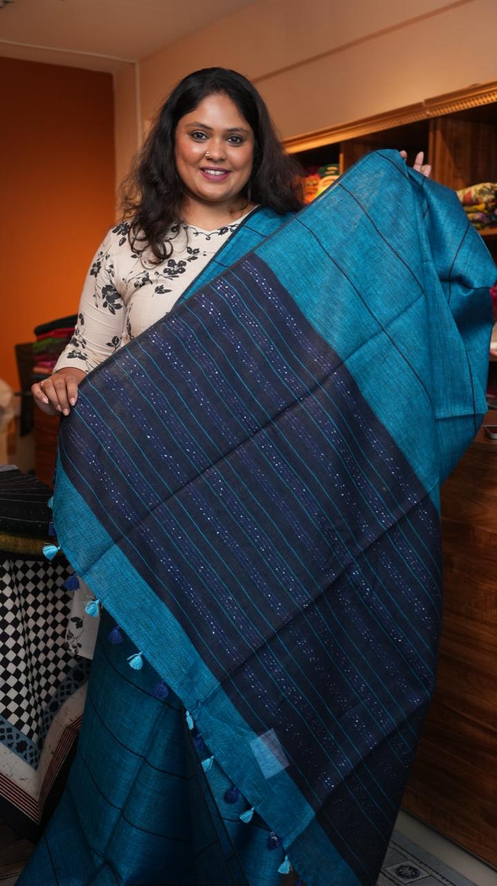 Bhagalpuri Linen with Long stripes Saree -06-07-01-25 (KINGFISHER)