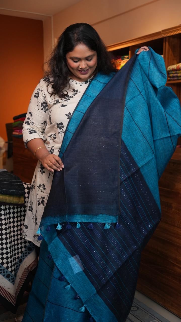 Bhagalpuri Linen with Long stripes Saree -06-07-01-25 (KINGFISHER)