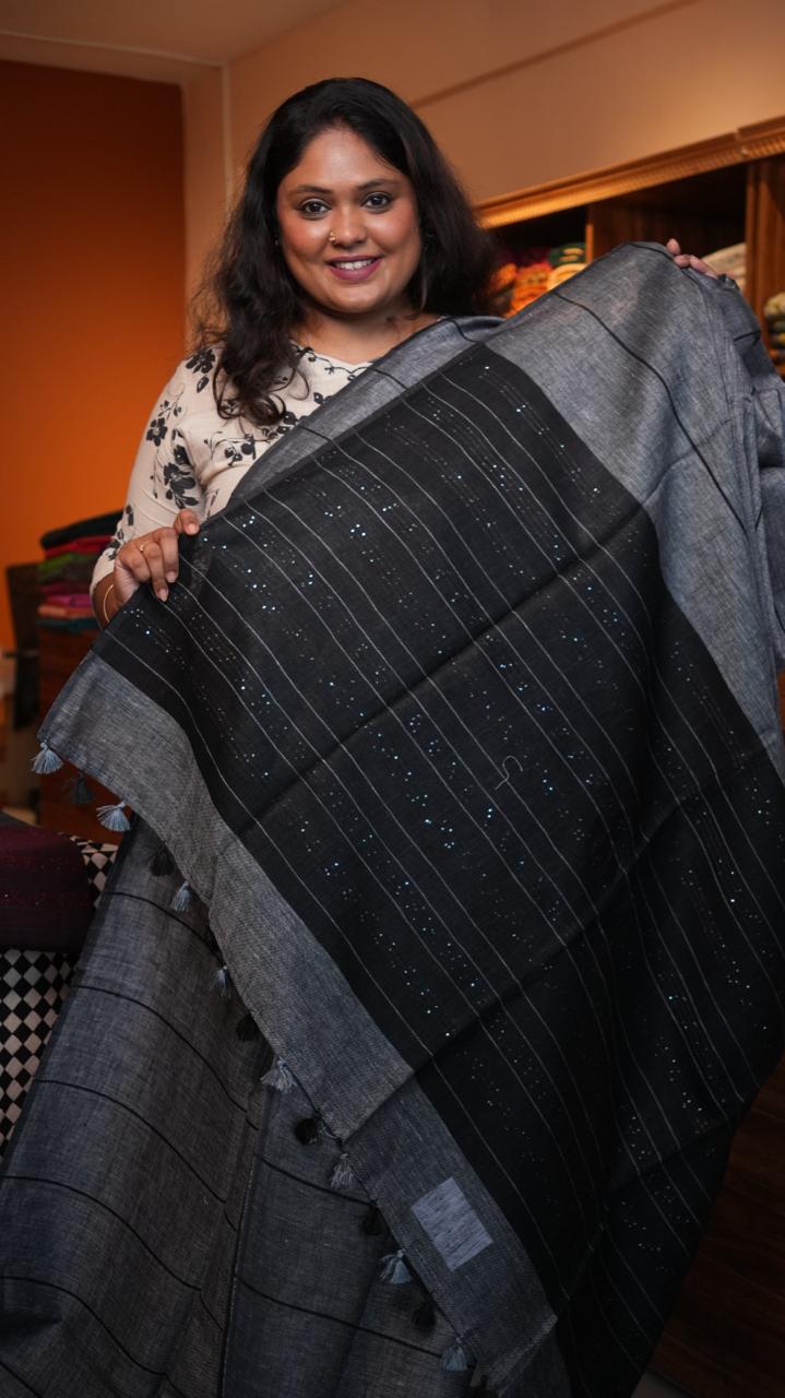 Bhagalpuri Linen with Long stripes Saree -06-07-01-21 (FALCON)