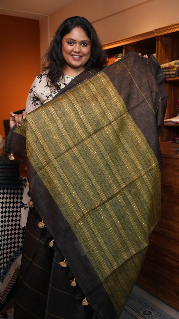 Bhagalpuri Linen with Long stripes Saree -06-07-01-24 (KITE)