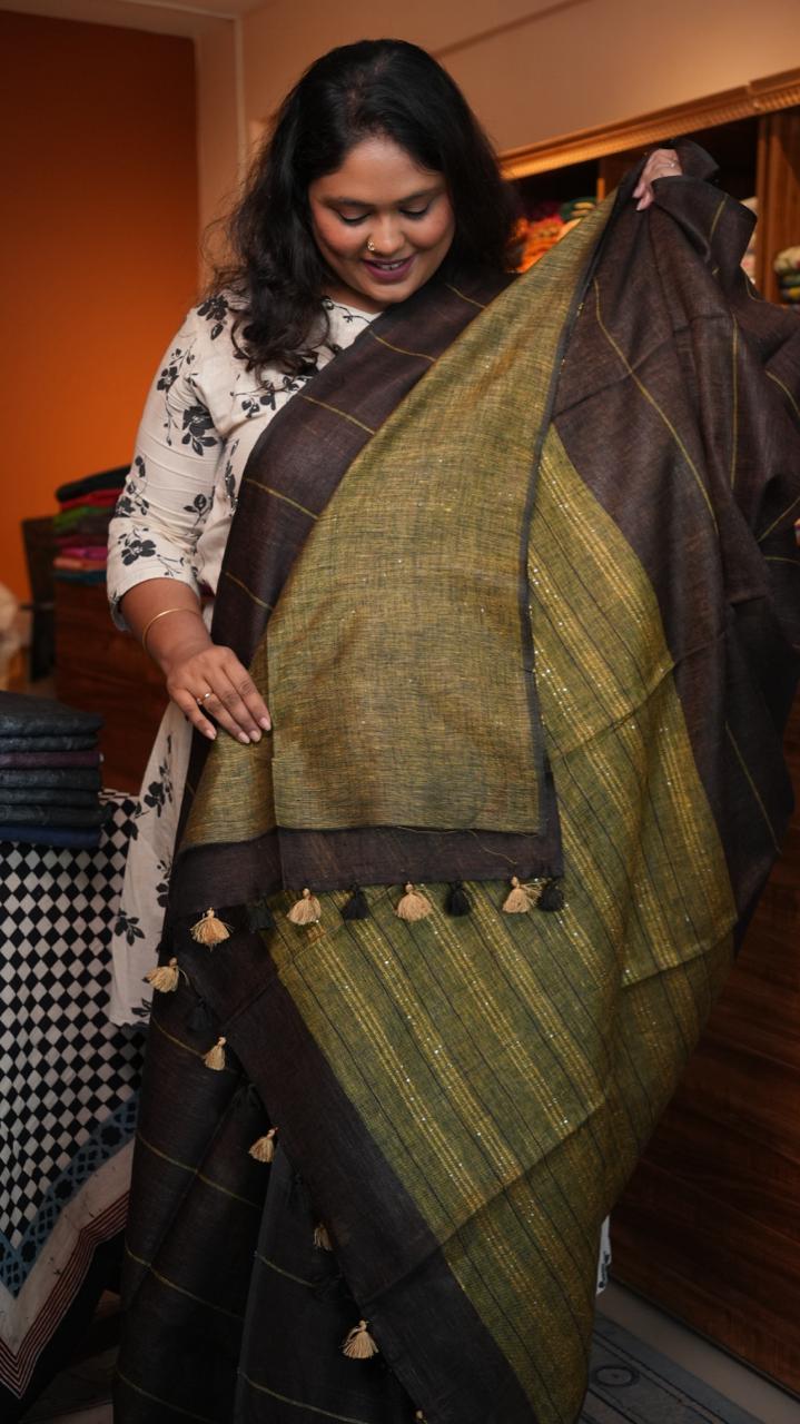Bhagalpuri Linen with Long stripes Saree -06-07-01-24 (KITE)