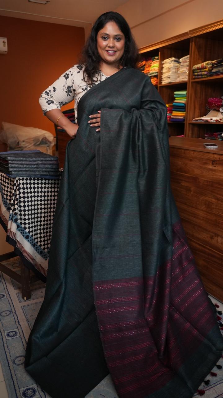 Bhagalpuri Linen with Long stripes Saree -06-07-01-22 (WESTERN EMERLAD)