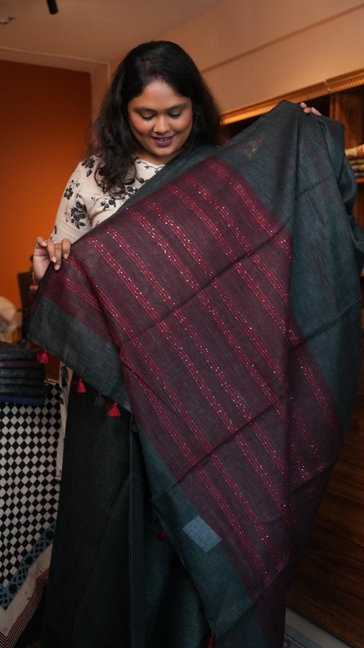 Bhagalpuri Linen with Long stripes Saree -06-07-01-22 (WESTERN EMERLAD)