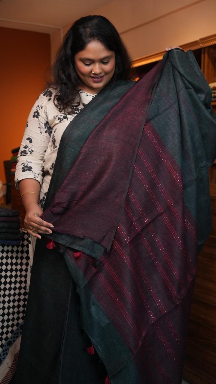 Bhagalpuri Linen with Long stripes Saree -06-07-01-22 (WESTERN EMERLAD)