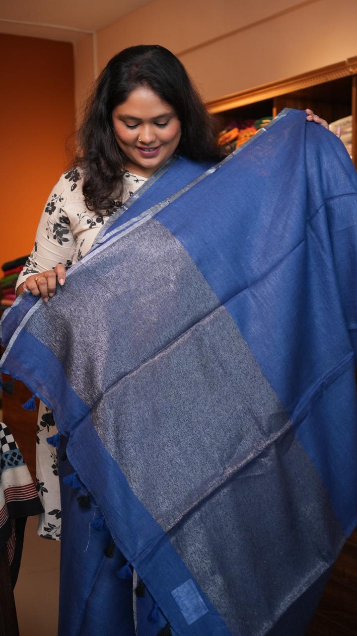 Bhagalpuri Linen Plain Sarees with Pallu Saree -06-07-01-11( DUMORTIERITE)