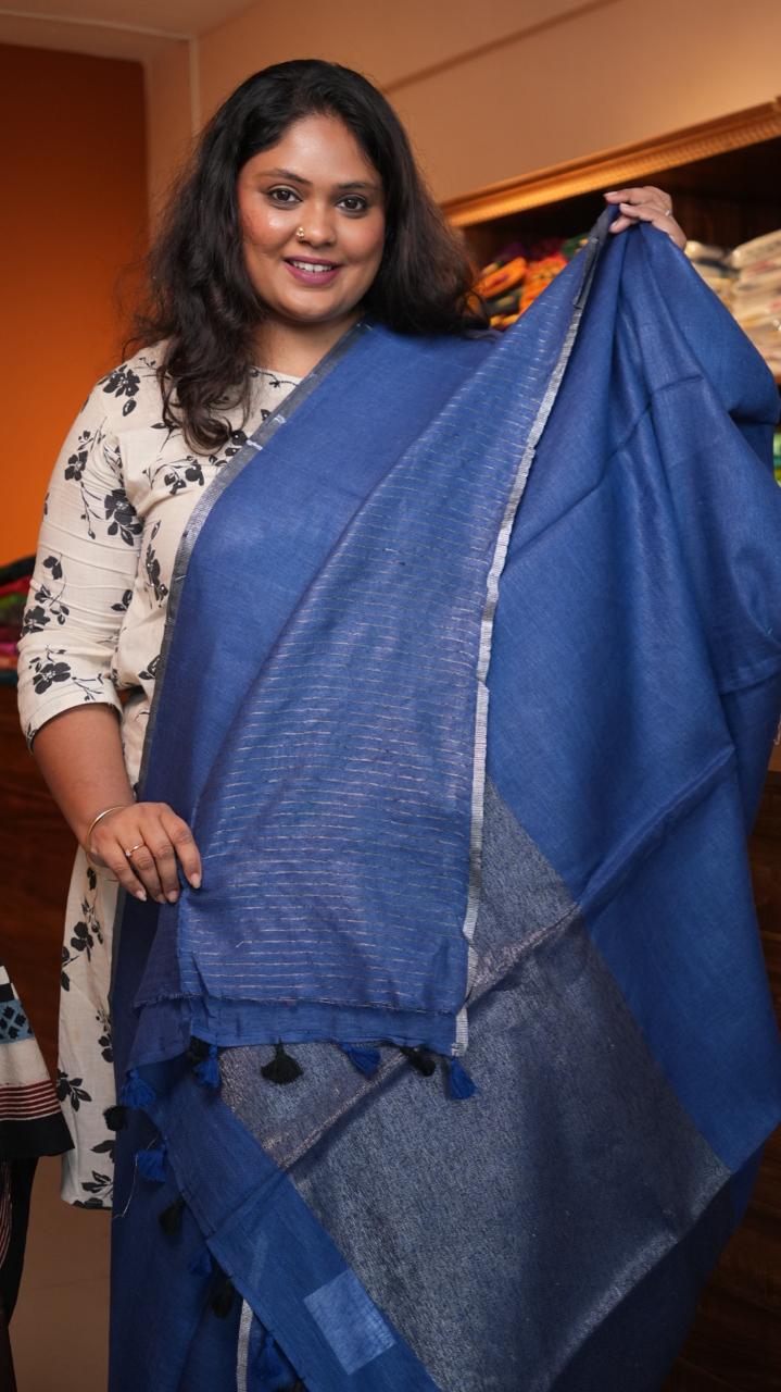 Bhagalpuri Linen Plain Sarees with Pallu Saree -06-07-01-11( DUMORTIERITE)
