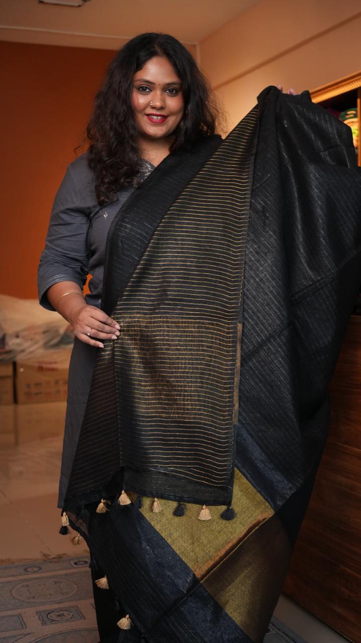 *PREORDER* Bhagalpuri Linen with Sequins Pallu Saree -06-07-01-06 (LICORICE) *SHIPS IN 2-3 WEEKS*