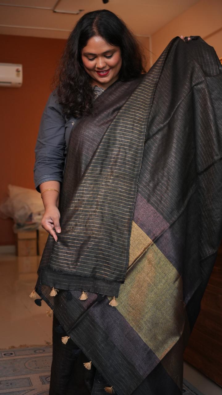 Bhagalpuri Linen with Sequins Pallu Saree -06-07-01-04 (BASALT)