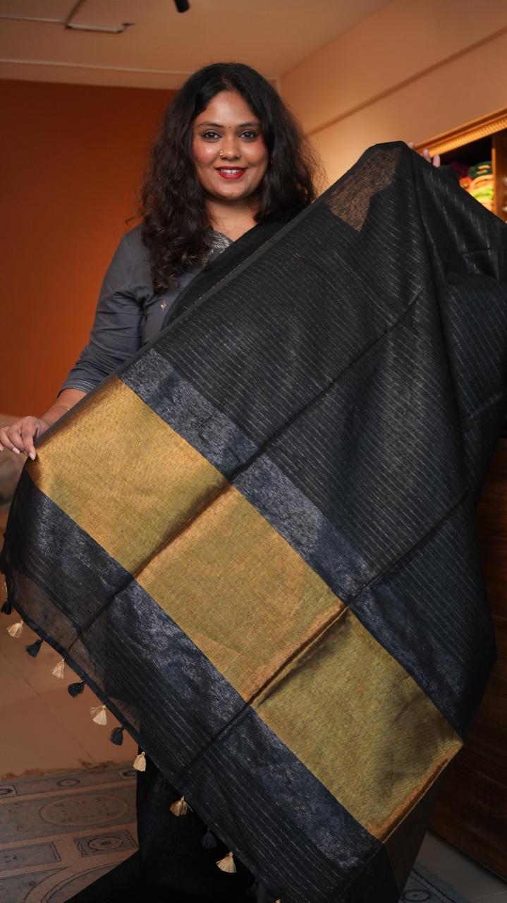 *PREORDER* Bhagalpuri Linen with Sequins Pallu Saree -06-07-01-06 (LICORICE) *SHIPS IN 2-3 WEEKS*