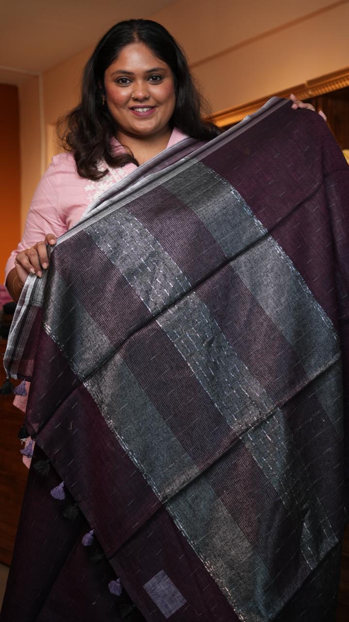 Bhagalpuri Linen with Silver Border Saree -06-07-01-26 (DUSKY MERLOT)