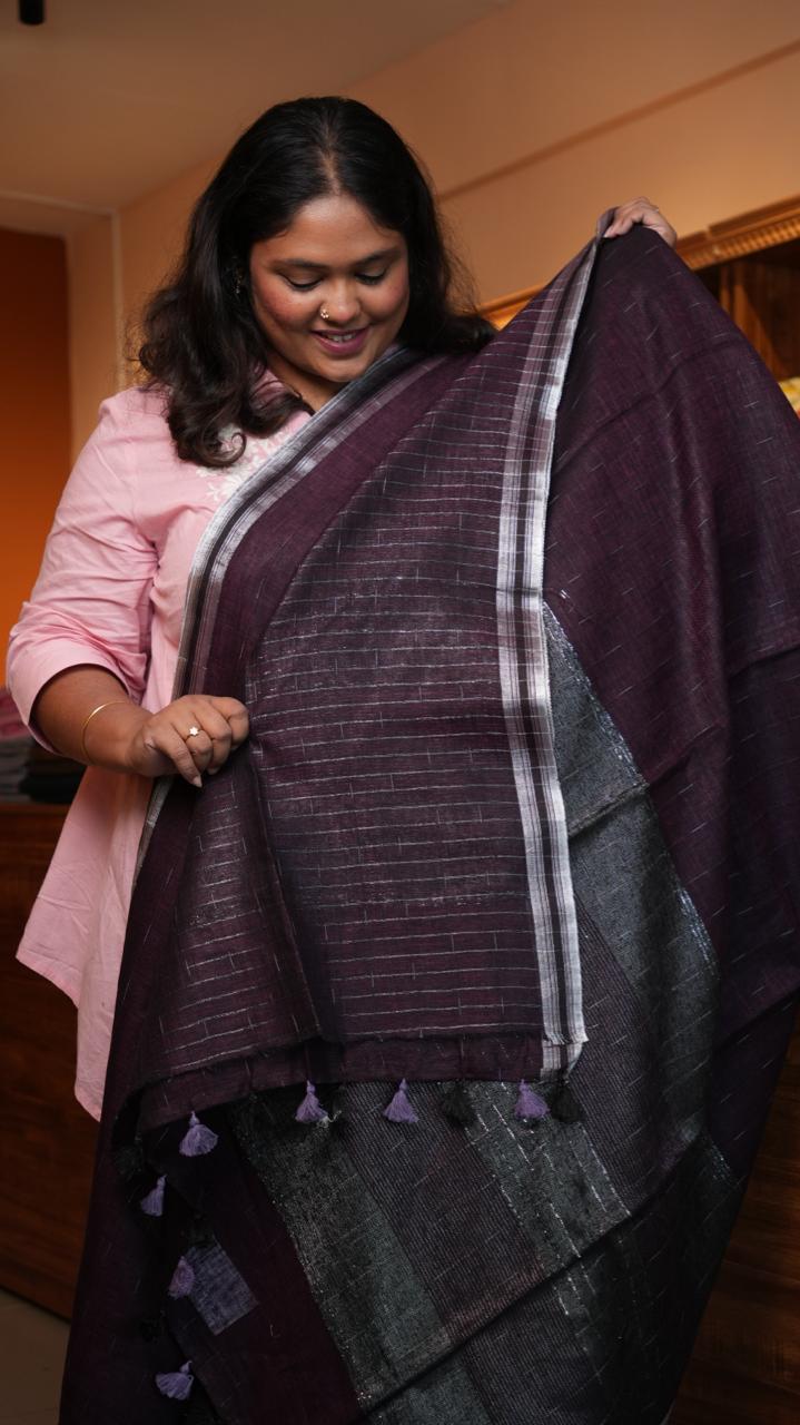 Bhagalpuri Linen with Silver Border Saree -06-07-01-26 (DUSKY MERLOT)