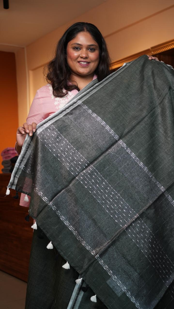 Bhagalpuri Linen with Silver Border Saree -06-07-01-28 (MISTY OLIVE)