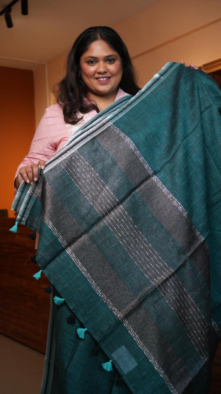 Bhagalpuri Linen with Silver Border Saree -06-07-01-29 (TIDAL TEAL)