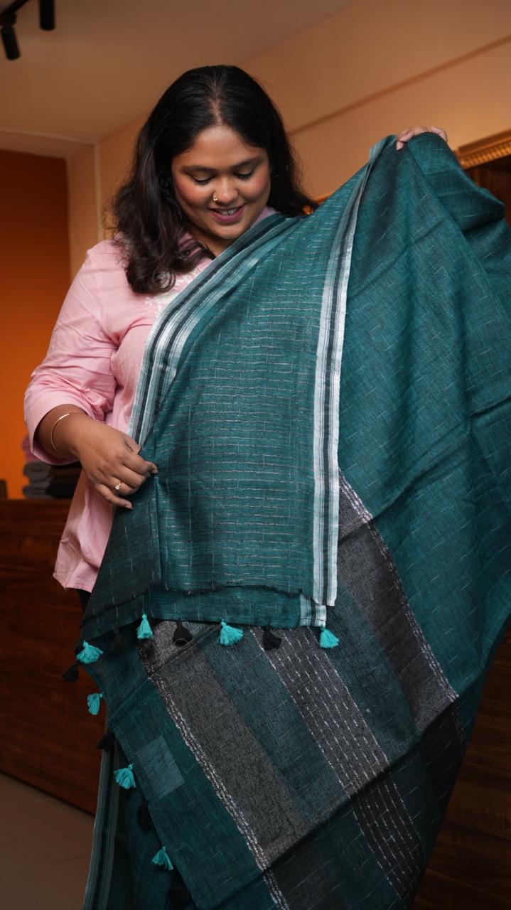 Bhagalpuri Linen with Silver Border Saree -06-07-01-29 (TIDAL TEAL)