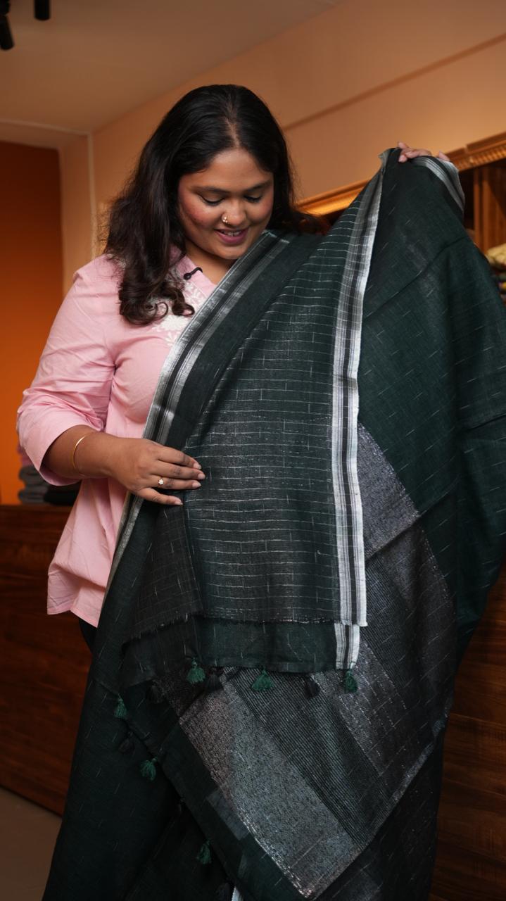 Bhagalpuri Linen with Silver Border Saree -06-07-01-30 (SHADOW FERN)