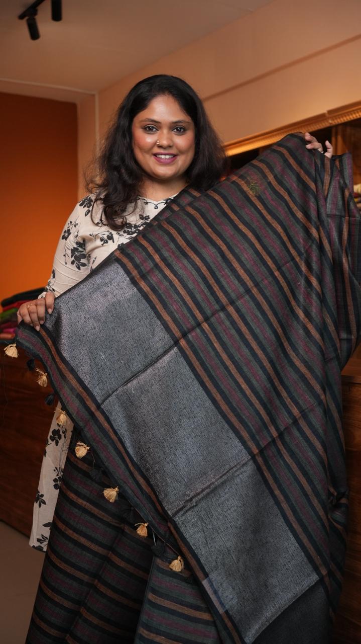 Bhagalpuri Linen with Stripes Saree -06-07-01-20 (RUSTY CHARCOAL)
