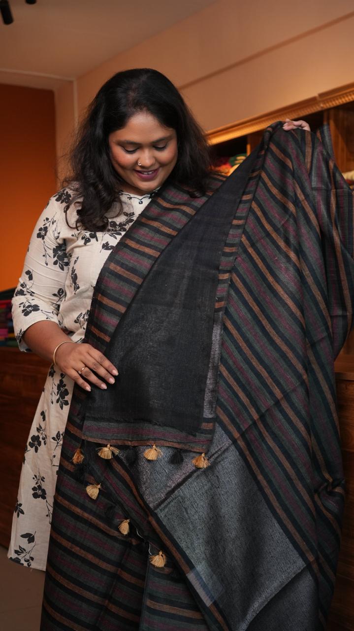 Bhagalpuri Linen with Stripes Saree -06-07-01-20 (RUSTY CHARCOAL)
