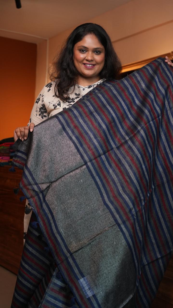 Bhagalpuri Linen with Stripes Saree -06-07-01-19 (MISTY SLATE)