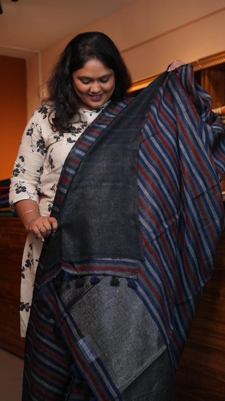 Bhagalpuri Linen with Stripes Saree -06-07-01-19 (MISTY SLATE)