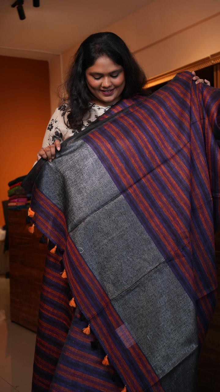 Bhagalpuri Linen with Stripes Saree -06-07-01-18 (SMOKY INDIGO)