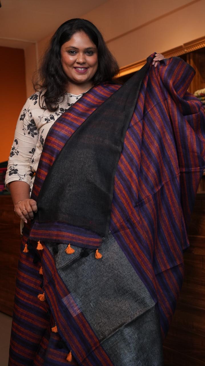 Bhagalpuri Linen with Stripes Saree -06-07-01-18 (SMOKY INDIGO)