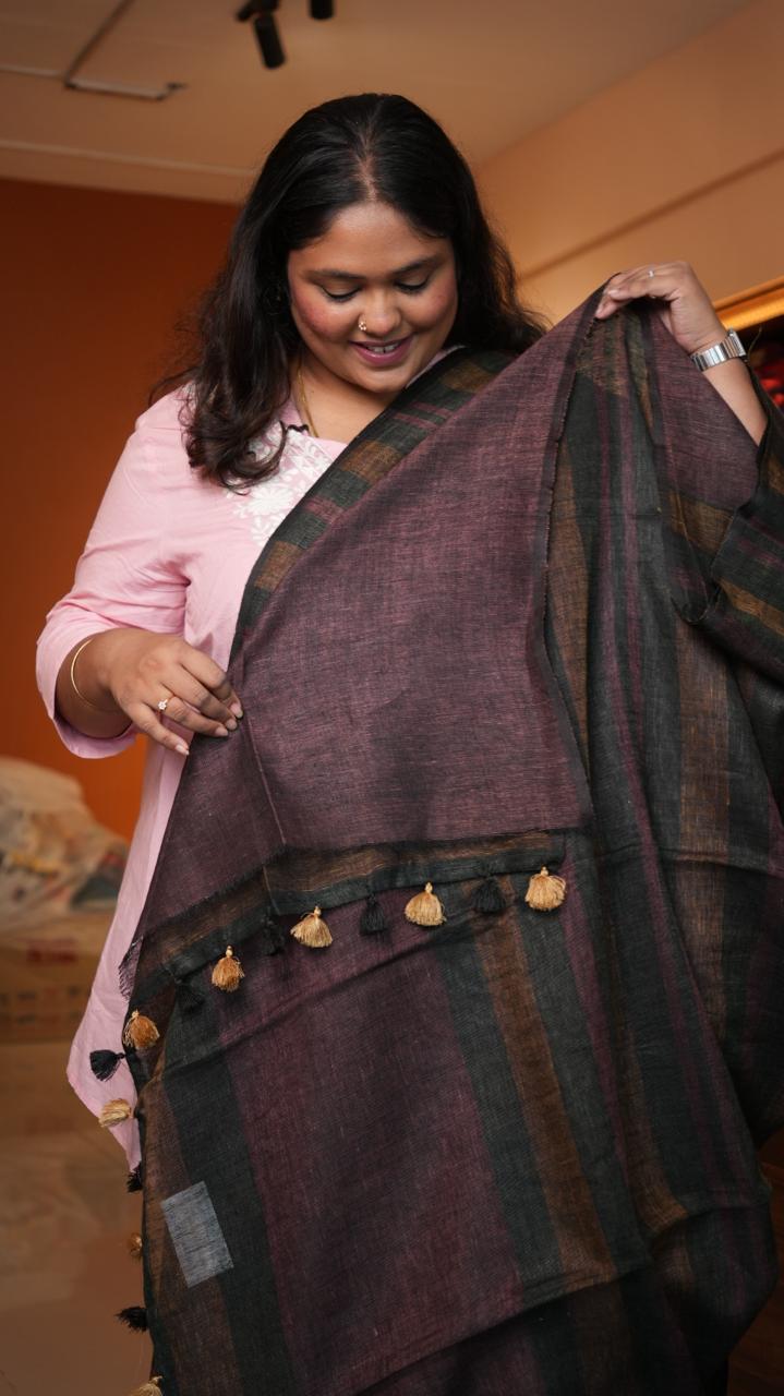 Bhagalpuri Linen with Stripes Saree -06-07-01-10 (WOODLAND DUSK)