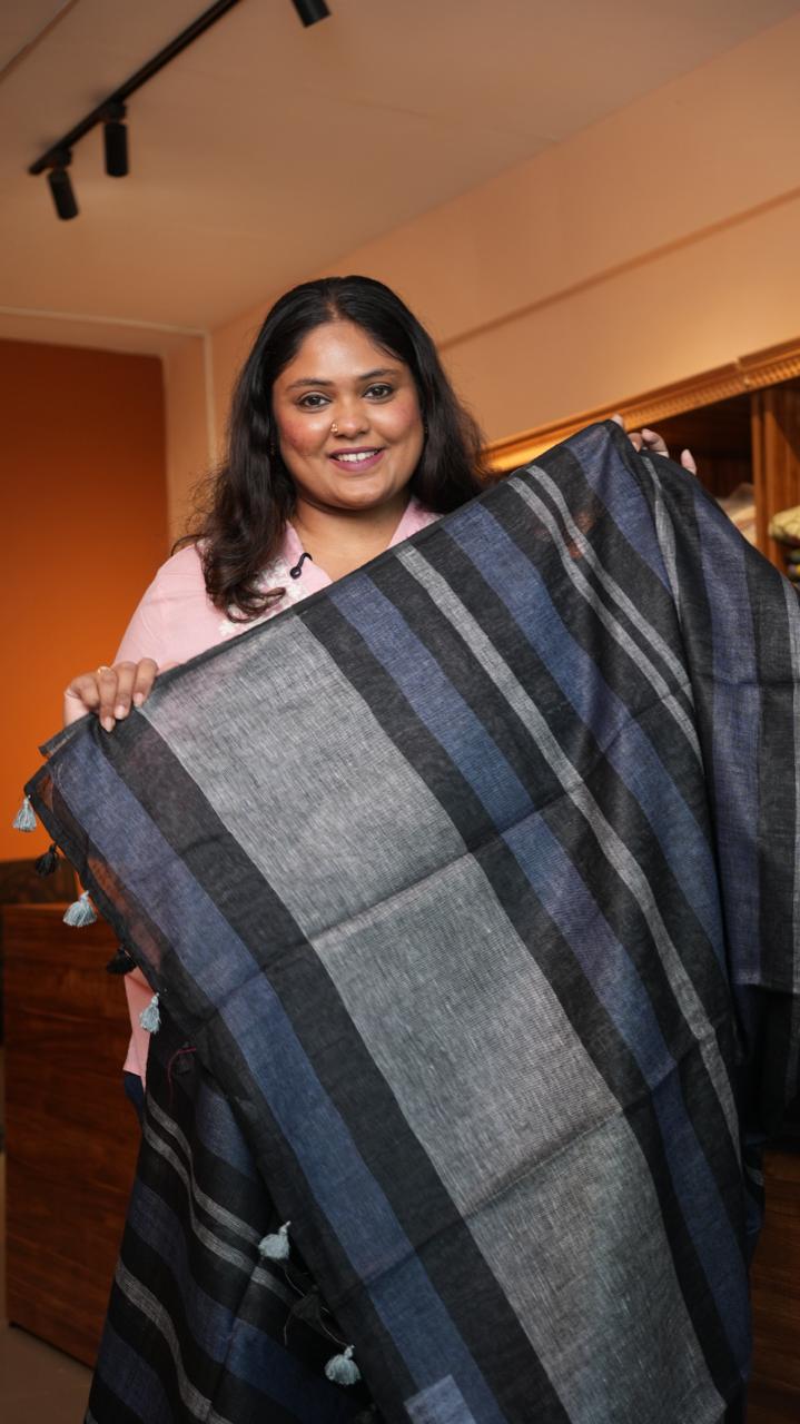Bhagalpuri Linen with Stripes Saree -06-07-01-07 (MIDNIGHT SLATE)