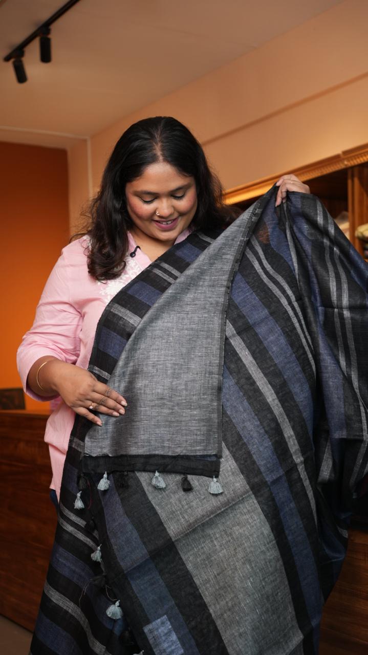 Bhagalpuri Linen with Stripes Saree -06-07-01-07 (MIDNIGHT SLATE)